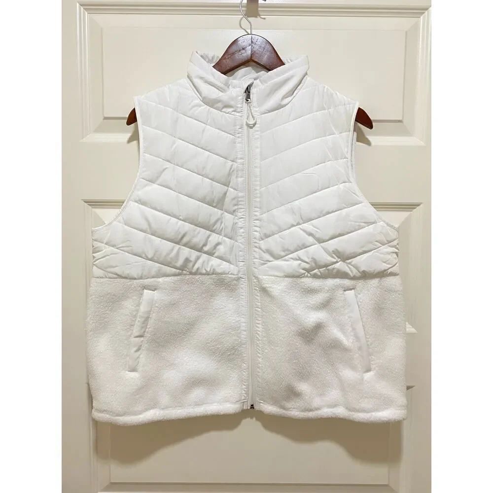 Tek Gear White Sherpa Mixed Media Vest Size L Cozy Zip Front NWOT Outdoor Winter